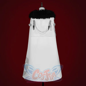 Genshin Impact Il Capitano cosplay cloak anchors silver metal clasps beneath multi-strand chain drapes.