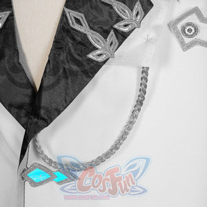 Genshin Impact Il Capitano cosplay jacket collar frames silver appliques beside a blue gem cord chain.