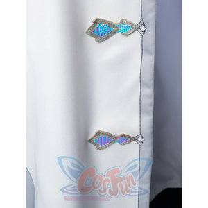 Genshin Impact Il Dottore cosplay cape drops holographic glitter clasps along the white fabric trim edge.