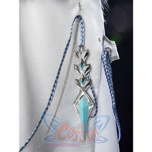 Genshin Impact Il Dottore cosplay cape accessory pairs a blue faceted gem ornament with geometric metal plates.