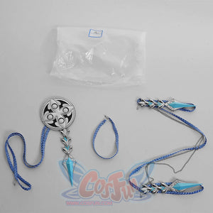 Genshin Impact Il Dottore cosplay cape accessory set pairs blue braided cords with geometric linked chain pendants.