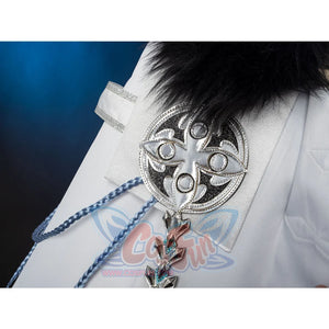 Genshin Impact Il Dottore cosplay cape shoulder frames a silver emblem above a multi-piece beaded pendant.