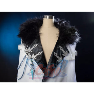 Genshin Impact Il Dottore cosplay cape pairs black patterned lapels with a blue fringed tassel.