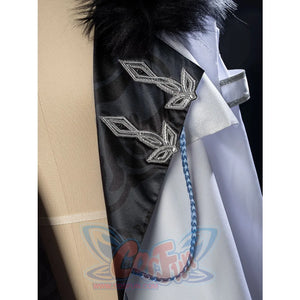 Genshin Impact Il Dottore cosplay cape sets silver diamond patches against a silver-bordered white cuff.
