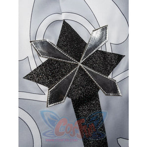 Genshin Impact Il Dottore cosplay cape layers a black glitter star applique over silver patent diamond shapes.