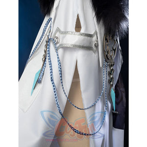 Genshin Impact Il Dottore cosplay cape gathers blue braided cords at a silver-accented belt on a white slit robe.