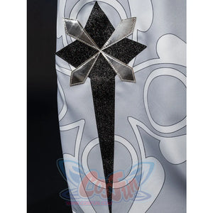 Genshin Impact Il Dottore cosplay cape sets a silver star-shaped emblem against a black glitter patterned section.