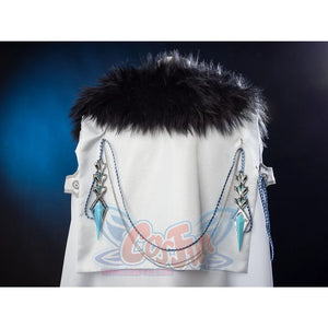 Genshin Impact Il Dottore cosplay cape centers two silver geometric charms along the back collar edge.