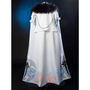 Genshin Impact Il Dottore cosplay cape traces rear shoulder chains down to teal dagger pendants.
