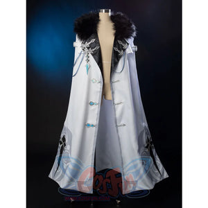 Genshin Impact Il Dottore cosplay cape anchors blue gem chest closure against a black fur collar.