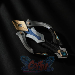 Genshin Impact Lohen cosplay costume arm guard uses blue glitter panels and gold-tone geometric trim to accent the armor.