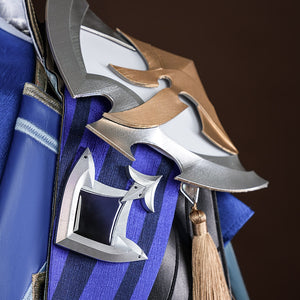 Genshin Impact Lohen cosplay costume layers gold-tone and silver-tone shoulder armor pieces over a deep blue striped cape.