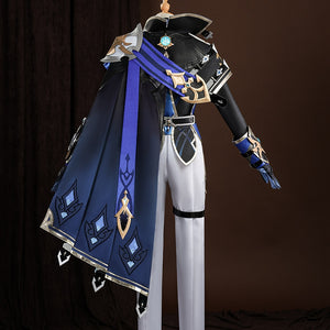 Genshin Impact Lohen cosplay costume layers a structured dark blue cape over fitted white pants and detailed metallic guards.