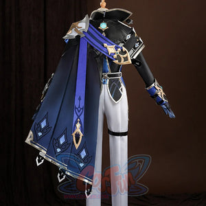 Genshin Impact Lohen cosplay costume layers a structured dark blue cape over fitted white pants and detailed metallic guards.