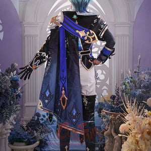 Genshin Impact Lohen cosplay costume layers a long blue cape over structured black jacket panels and intricate arm guards.