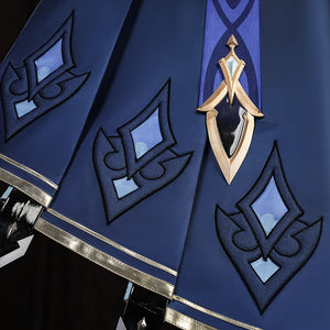 Genshin Impact Lohen cosplay costume layers blue panels embroidered beside diamond shapes and accented by gold-tone trim.