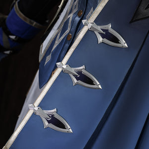 Genshin Impact Lohen cosplay costume layers matte blue fabric across coat while silver-tone arrow-shaped studs accent trim.
