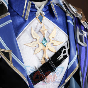 Genshin Impact Lohen cosplay costume centers a gold-tone emblem on a white chest panel framed by blue textured lapel layers.