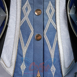Genshin Impact Lohen cosplay costume fabric centers diamond embroidery patterns and metallic buttons on a blue panel.