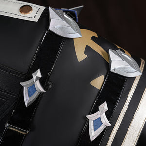 Genshin Impact Lohen cosplay costume layers faux leather straps over printed fabric while silver-tone shield decor anchors.