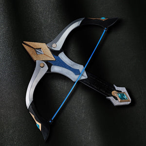 Genshin Impact Lohen cosplay costume prop bow frames a metallic bow body that centers a blue string and gem-like detail.