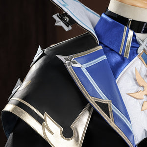 Genshin Impact Lohen cosplay costume layers matte faux leather shoulder guards accented by metallic star shaped emblems.