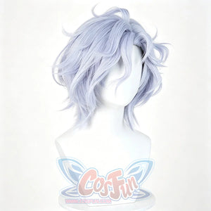 Genshin Impact Mitya cosplay wig angles lavender-blue waves across layered bangs and face-framing side pieces.