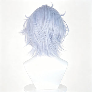 Genshin Impact Mitya cosplay wig frames the head with short wavy lavender blue high temperature fiber layers and spikes.
