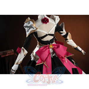 Genshin Impact Noelle cosplay costume angled back view centers the pink bow and white shoulder armor.