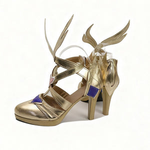 Genshin Impact Odette cosplay shoes angle gold-tone heels below winged straps and purple heart panels.