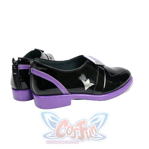 Genshin Impact Pantalone cosplay shoes centers matte black shoes with purple soles silver-tone star accents and back zippers.