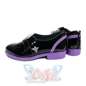 Genshin Impact Pantalone cosplay shoes centers black matte PU leather surface with purple soles and silver-tone.