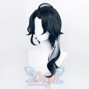 Genshin Impact Pantalone cosplay wig centers long black wavy hair with distinctive white highlights along the lower layers.