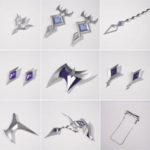 Genshin Impact Pantalone cosplay costume accessories layout gathers ornaments beside chains and glasses.