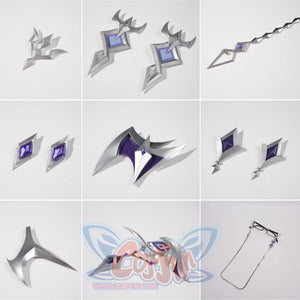 Genshin Impact Pantalone cosplay costume accessories layout gathers ornaments beside chains and glasses.