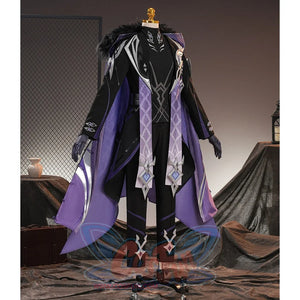 Genshin Impact Pantalone cosplay costume angled view frames purple cape panels around black coat tailoring.