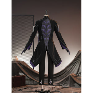 Genshin Impact Pantalone cosplay costume back view traces black coat tailoring and purple spine motifs.