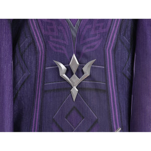 Genshin Impact Pantalone cosplay costume back ornament centers a silver-tone crest over purple cape panels.