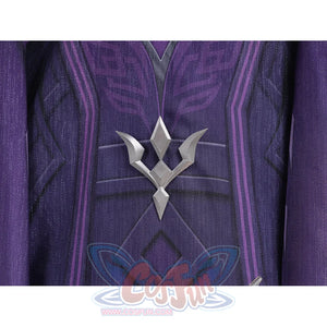 Genshin Impact Pantalone cosplay costume back ornament centers a silver-tone crest over purple cape panels.