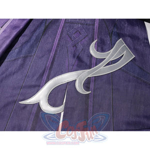 Genshin Impact Pantalone cosplay costume cape applique curves in silver-tone shapes across violet panels.