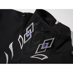 Genshin Impact Pantalone cosplay costume neckline ornaments frame embroidered black fabric and purple pins.