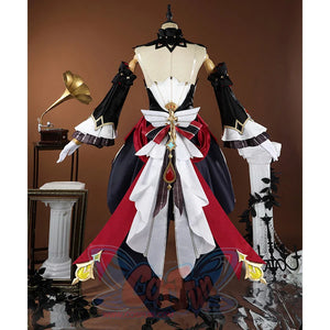 Genshin Impact Sandrone cosplay costume has intricate back details with a multi-layered tail and red sashes.