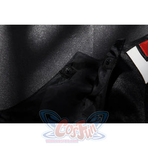 Genshin Impact Sandrone cosplay costume details a snap button closure on a textured black faux leather section.