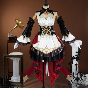 COSFUN Genshin Impact Sandrone cosplay costume with layered skirt, gold trim, and detached sleeves.