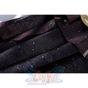 Genshin Impact Sandrone cosplay costume captures pleated dark purple fabric with tiny silver sparkles.