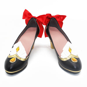 COSFUN Genshin Impact Marionette Sandrone cosplay shoes centers black heels with gold-tone accents white pleated details.