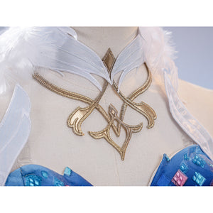 Genshin Impact Snezhnaya Odette cosplay collar detail knots gold-tone embroidery above the blue bodice.