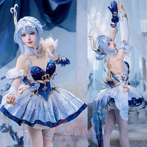 Genshin Impact Snezhnaya Odette cosplay costume collage gathers full outfit angles around a close-up waist view.