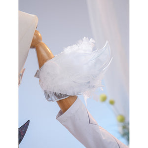 Genshin Impact Snezhnaya Odette cosplay feather cuff detail curls white plumes over the sleeve.