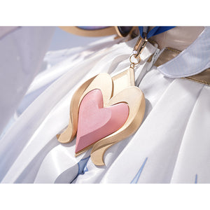 Genshin Impact Snezhnaya Odette cosplay heart charm detail hangs over the satin skirt waist.